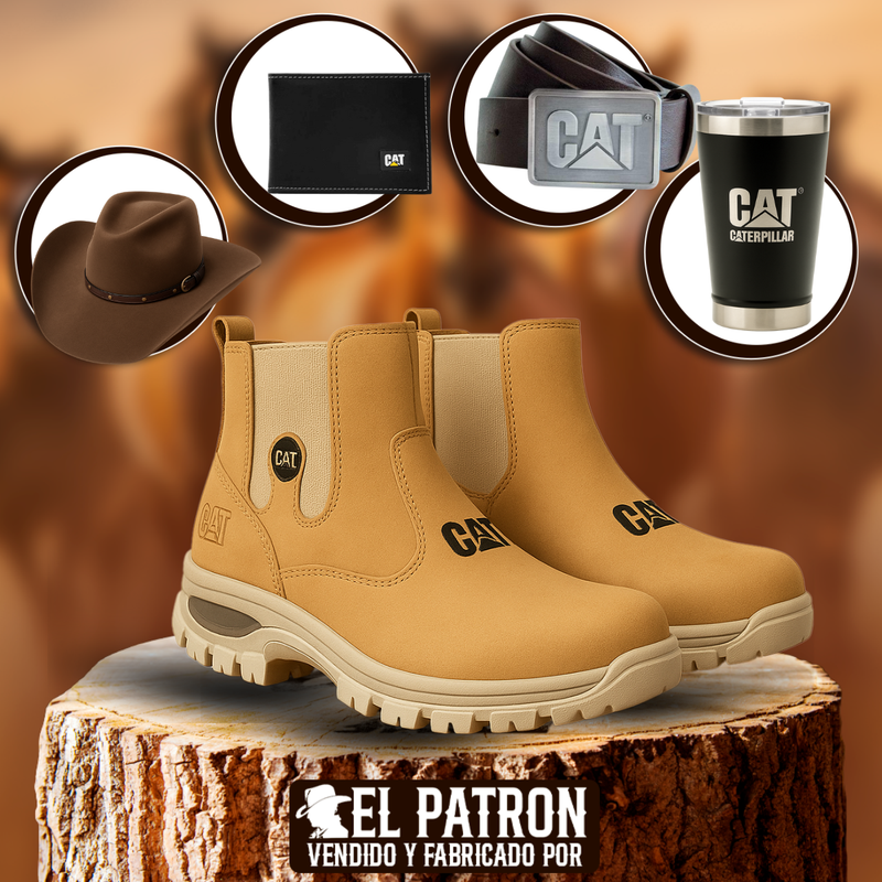 Kit Bota Adventure de Cuero Legítimo con Plantilla Ortopédica y Suela Antideslizante +REGALOS: Vaso Térmico, Sombrero, Cinturón y Billetera