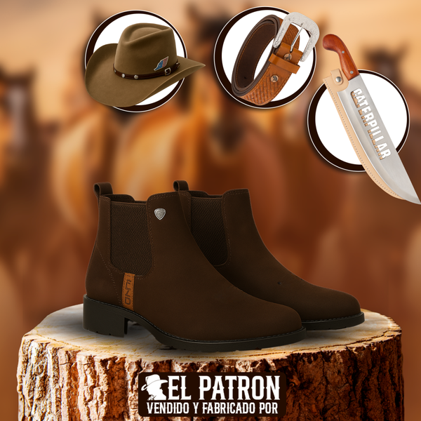 Kit Bota Leal de Cuero Legítimo con Plantilla Ortopédica +REGALOS: Cinturón, Sombrero y Cuchillo con Funda