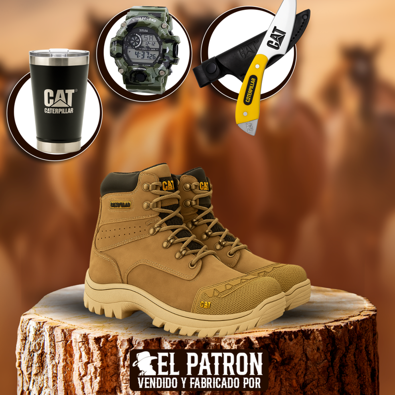 Kit Bota Toro de Cuero Legítimo con Plantilla Ortopédica y Punta de Acero +REGALOS: Vaso Térmico, Cuchillo con Funda y Reloj Táctico