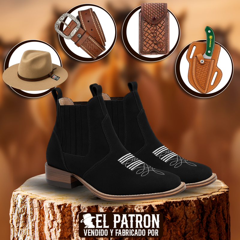 Kit Bota Barreto de Cuero Legítimo con Plantilla Ortopédica +REGALOS: Cuchillo con Funda, Cinturón, Sombrero y Porta Celular