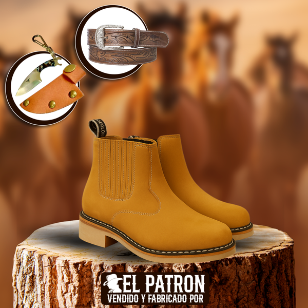 Kit Bota Bravo de Cuero Genuino con Plantilla Ortopédica +REGALOS: Funda, Llavero y Cinturón de Cuero