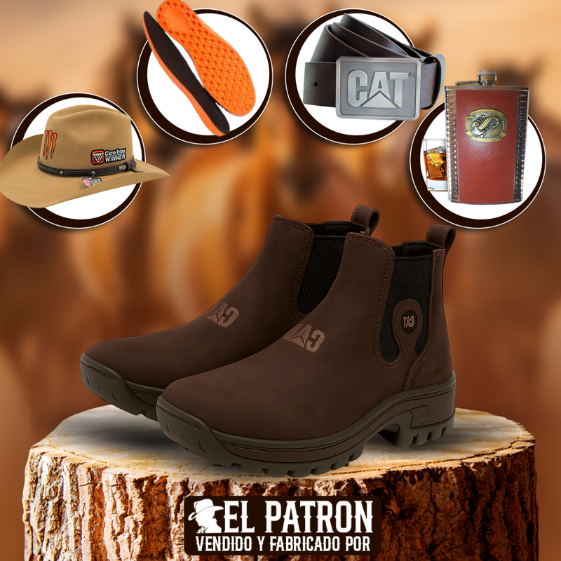 Kit Bota Leonor de Cuero Legítimo con Suela Antideslizante +REGALOS: Plantilla Ortopédica, Sombrero, Cinturón y Cantimplora