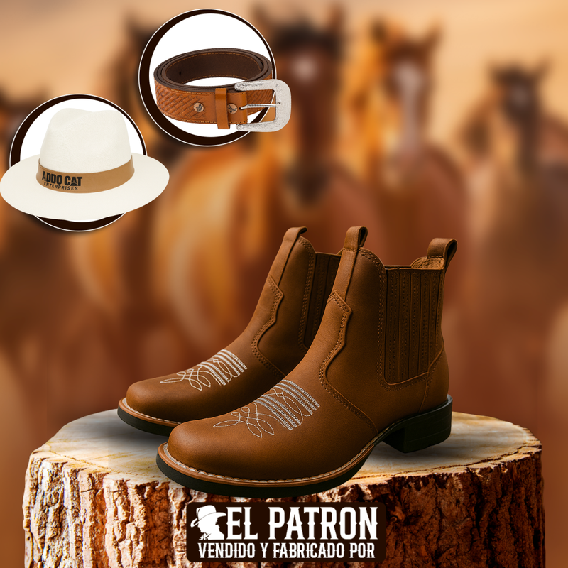 Kit Bota Pampa de Cuero Legítimo con Plantilla Ortopédica +REGALOS: Cinturón de Cuero y Sombrero